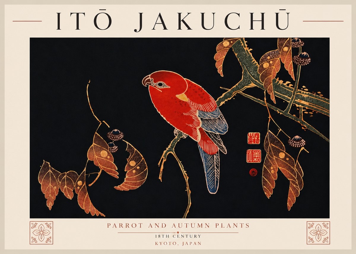 Itō Jakuchū Parrot and Autumn Plants No7 - Juliste