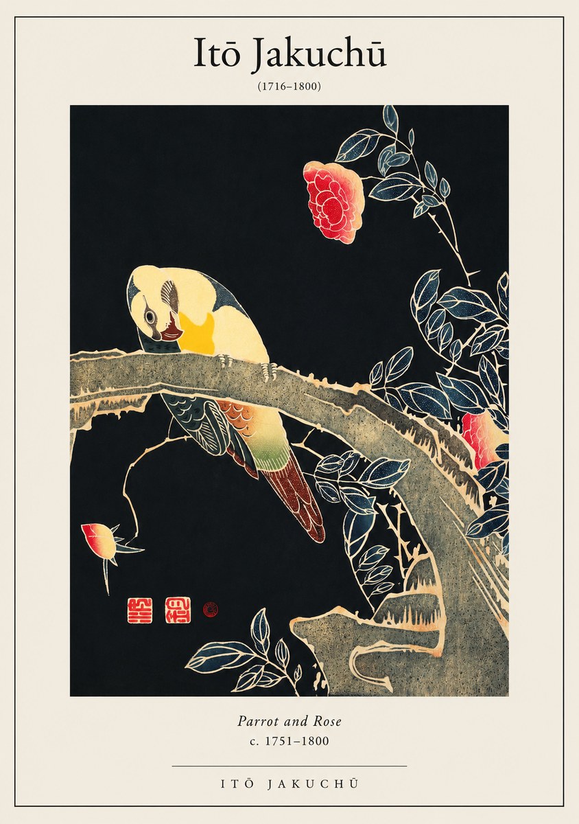 Itō Jakuchū Parrot and Rose No1 - Juliste