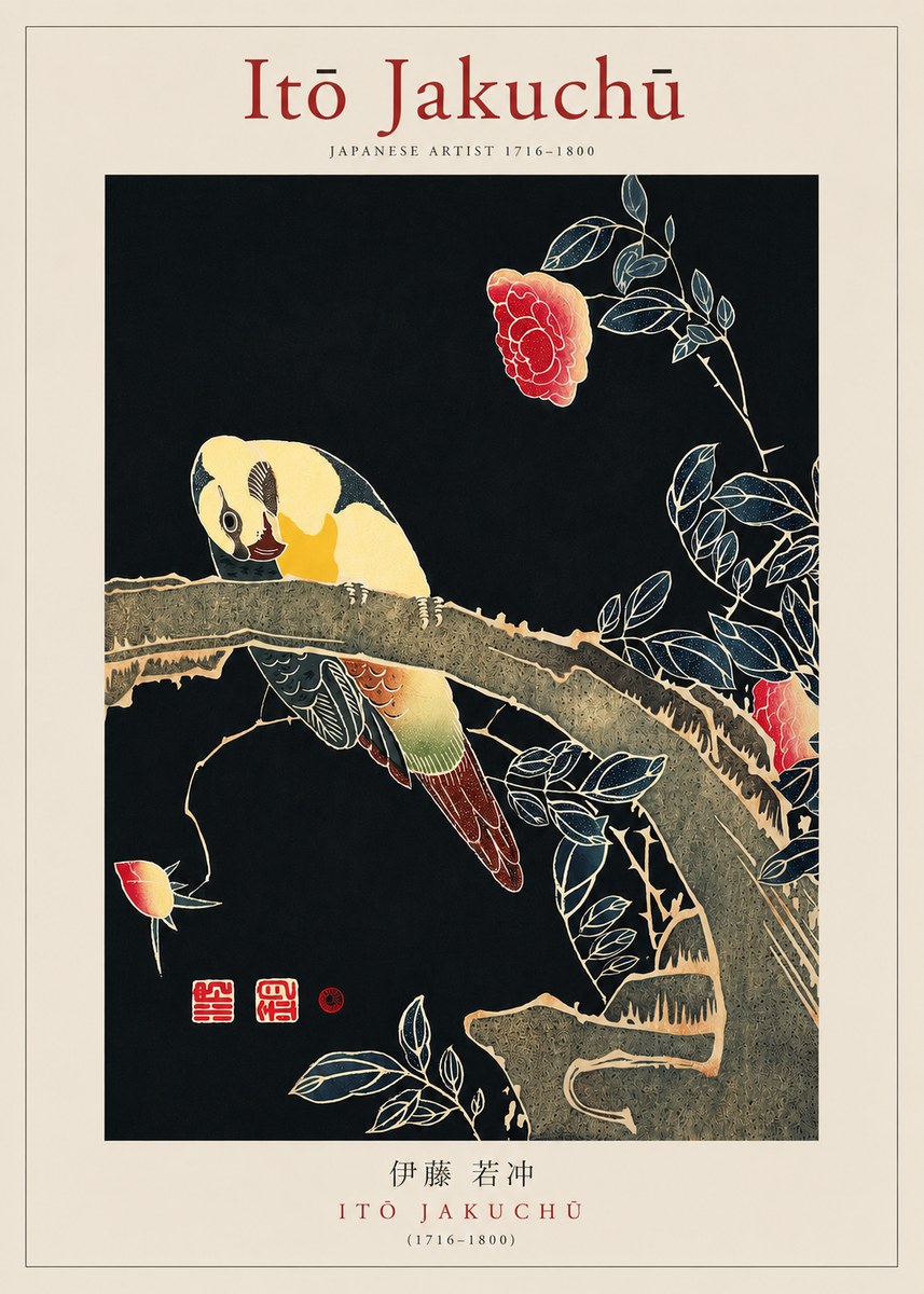 Itō Jakuchū Parrot and Rose No3 - Juliste
