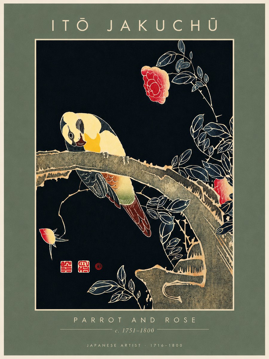 Itō Jakuchū Parrot and Rose No4 - Juliste