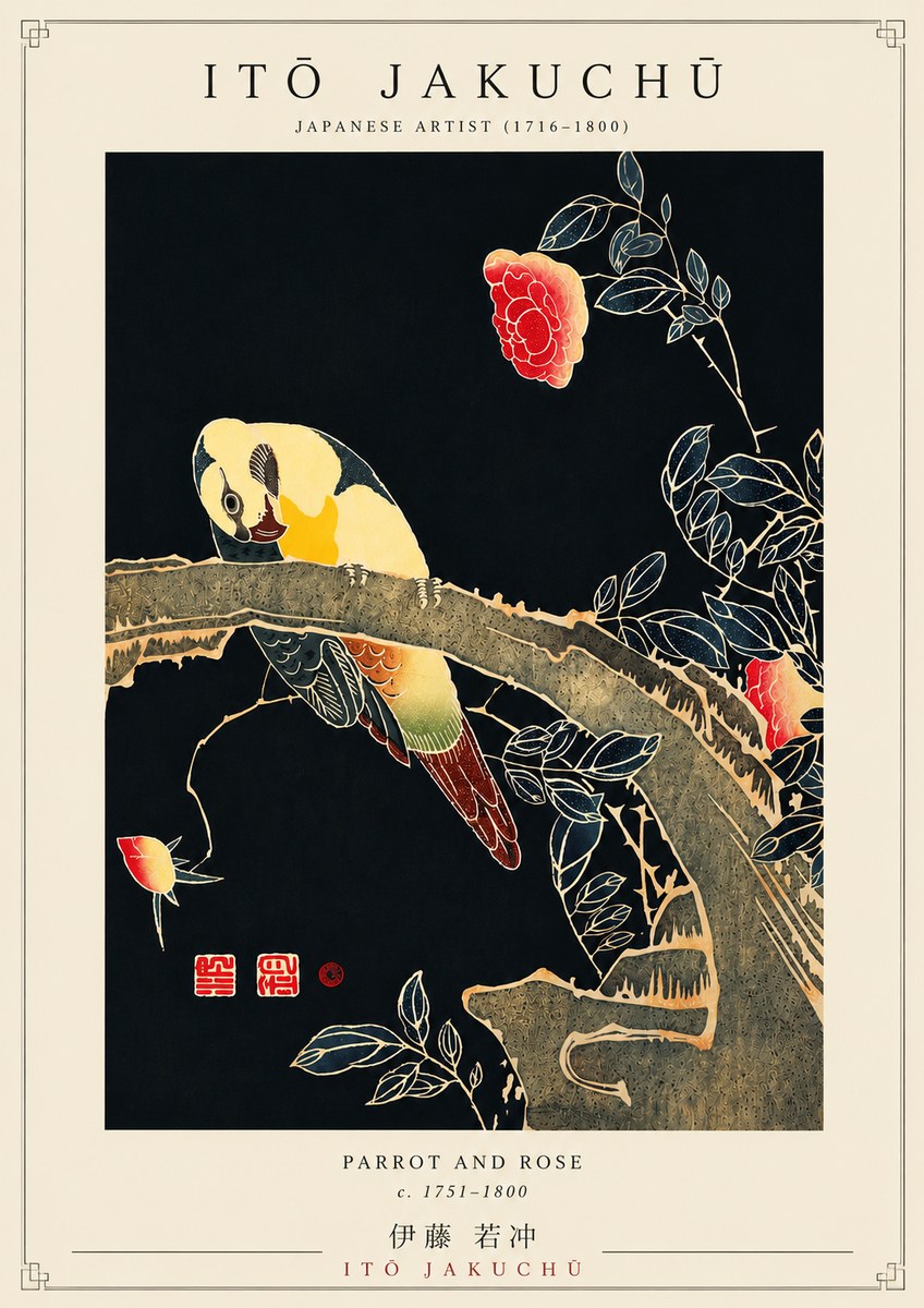 Itō Jakuchū Parrot and Rose No5 - Juliste