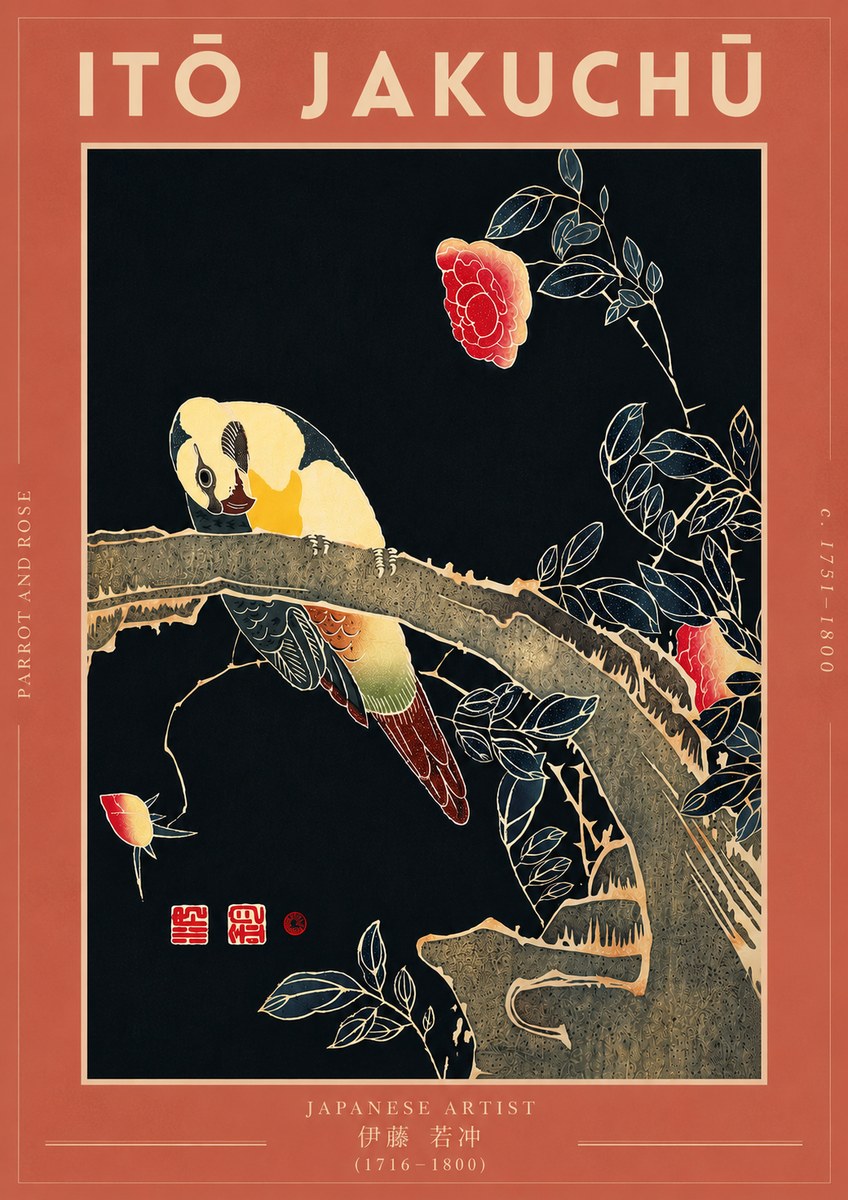 Itō Jakuchū Parrot and Rose No7 - Juliste