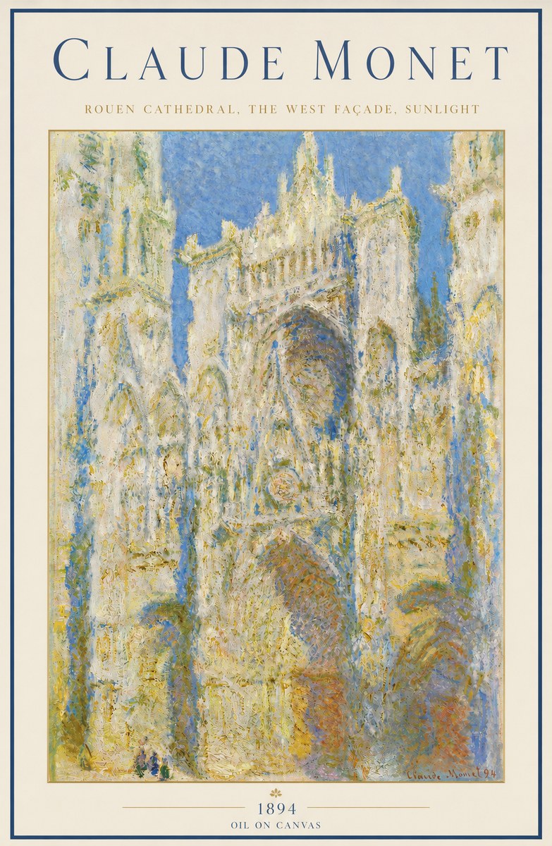 Monet Rouen Cathedral, the West Façade, Sunlight No3 - Juliste