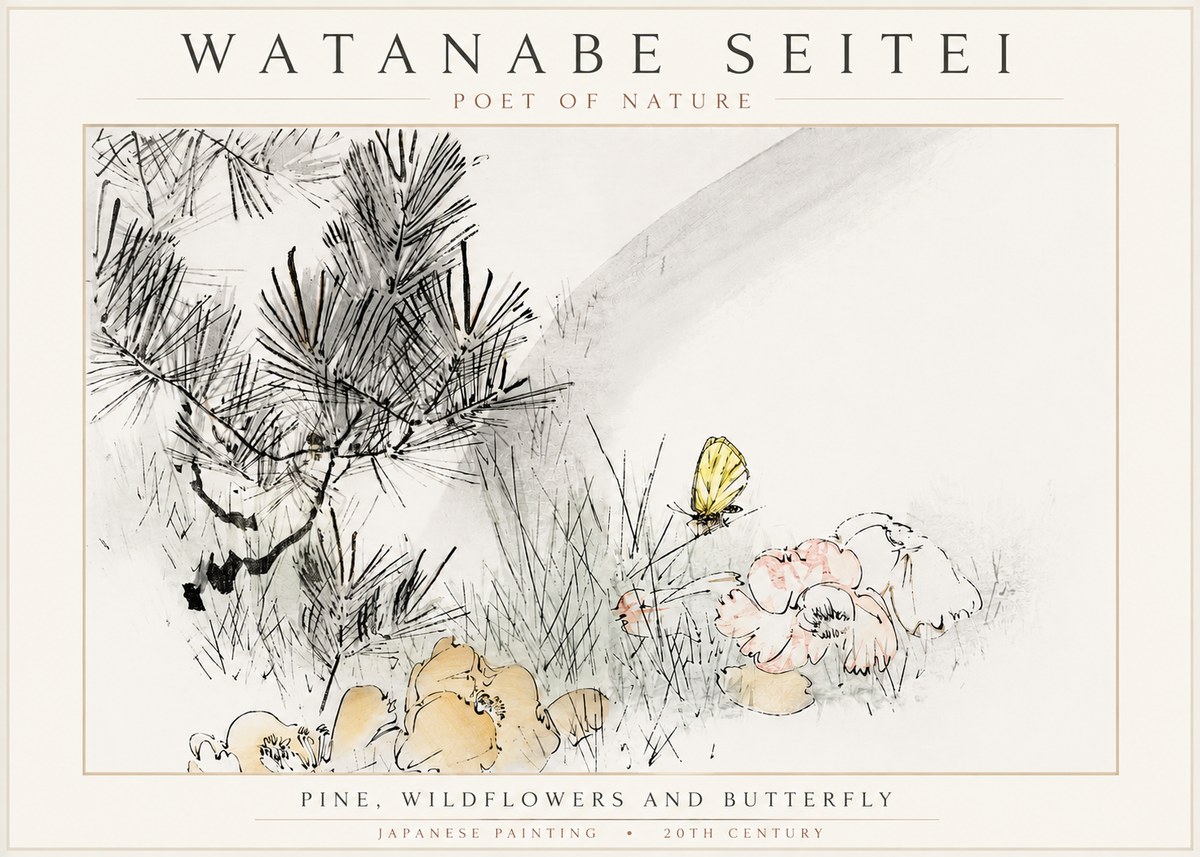 Watanabe Seitei Pine, Wildflowers and Butterfly No3 - Juliste