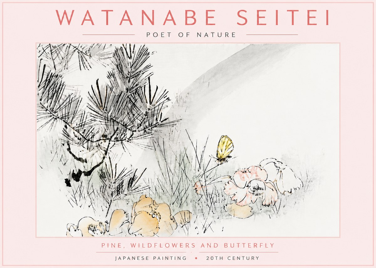 Watanabe Seitei Pine, Wildflowers and Butterfly No6 - Juliste