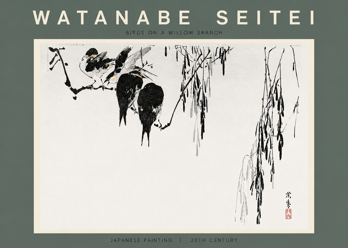 Watanabe Seitei Birds on a Willow Branch No2 - Juliste
