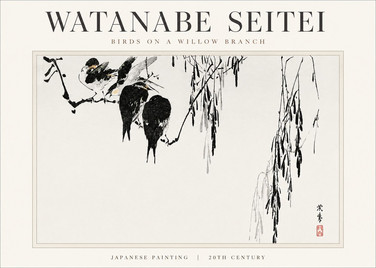 Watanabe Seitei Birds on a Willow Branch No3 - Juliste