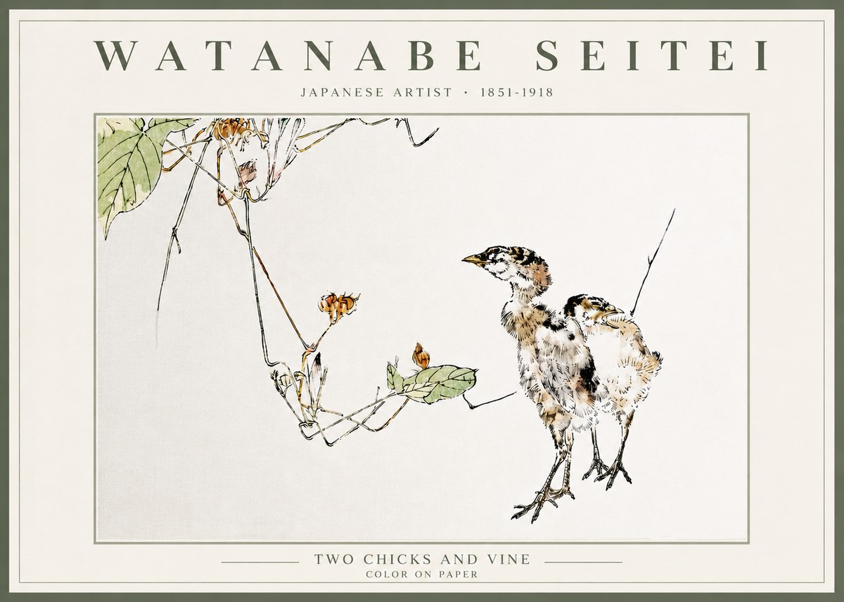 Watanabe Seitei Two Chicks and Vine No5 - Juliste