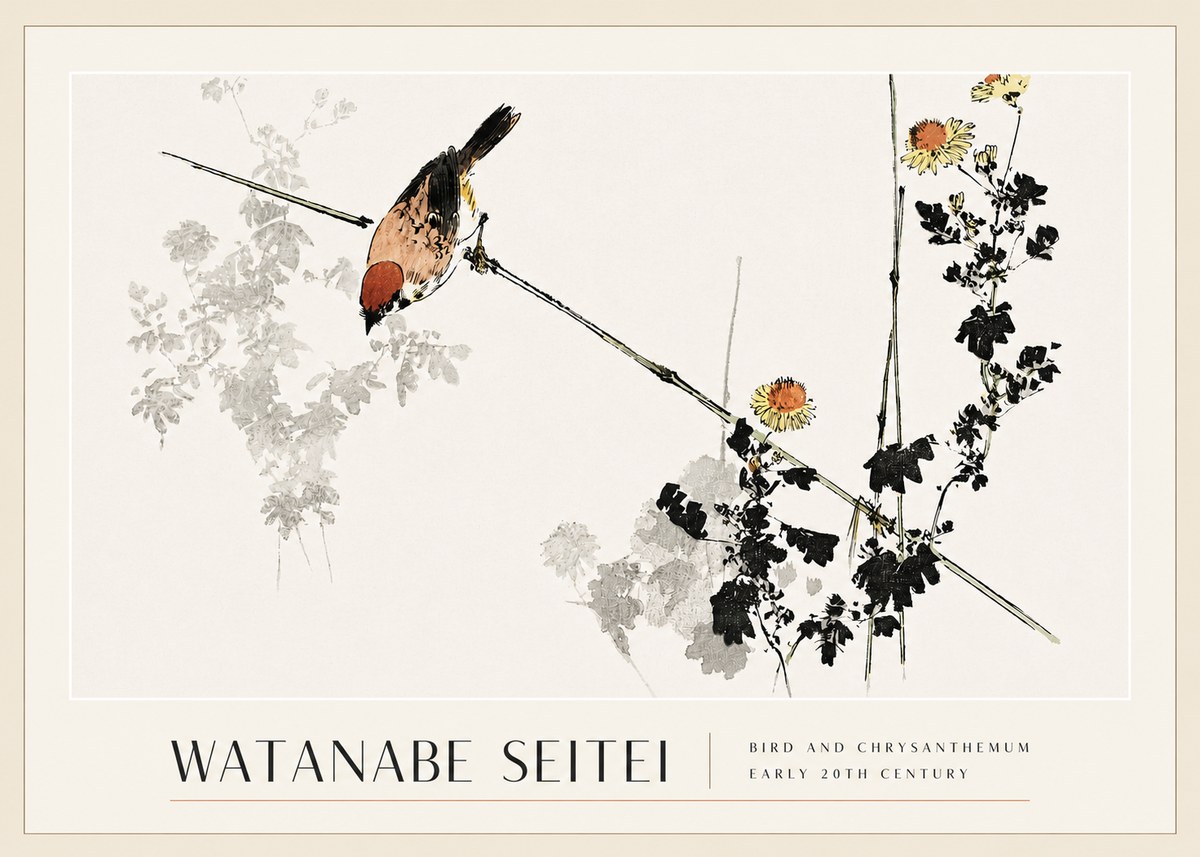 Watanabe Seitei Bird and Chrysanthemum No3 - Juliste