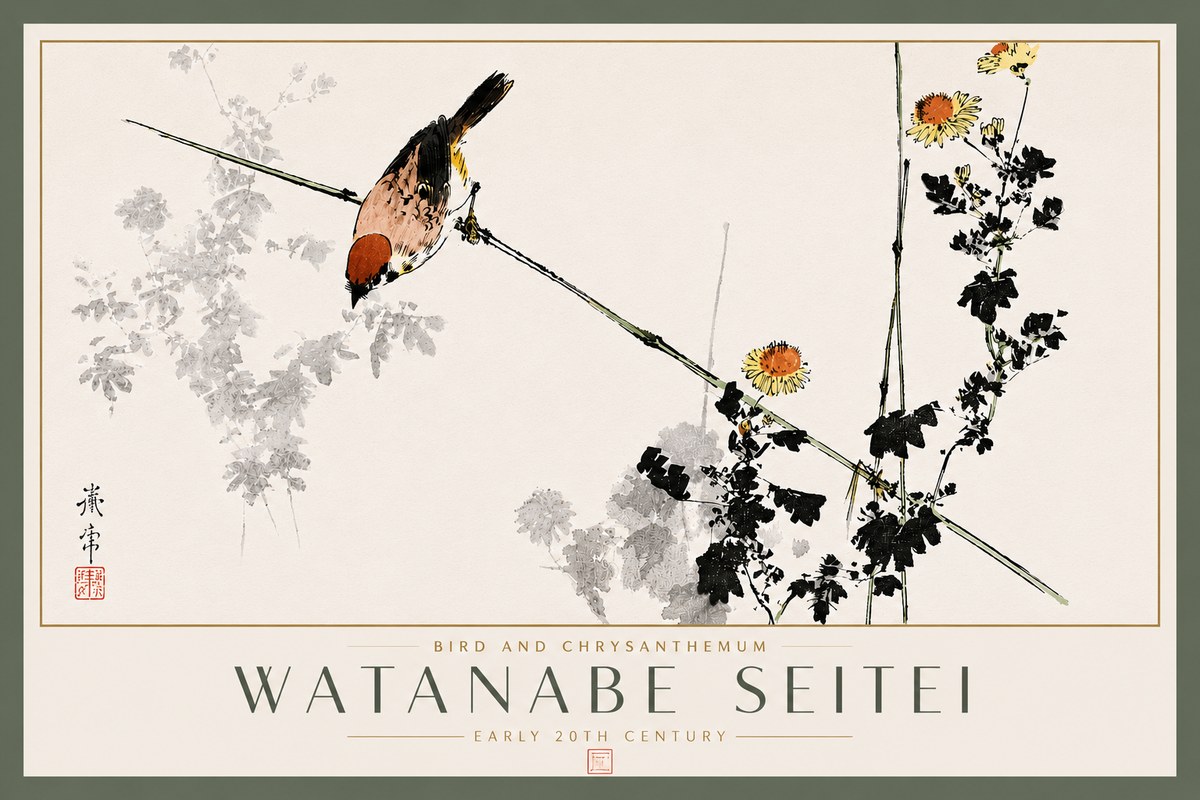 Watanabe Seitei Bird and Chrysanthemum No5 - Juliste