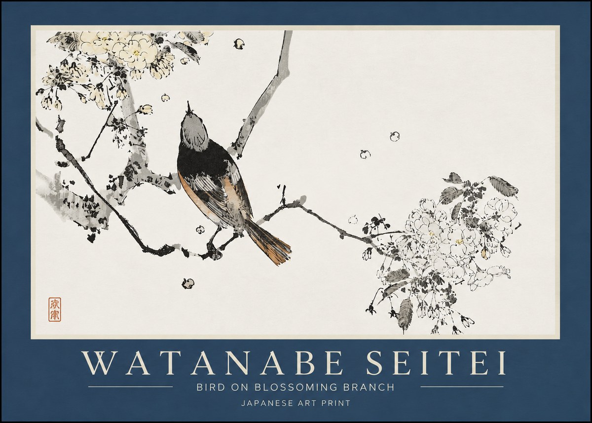 Watanabe Seitei Bird on Blossoming Branch No3 - Juliste