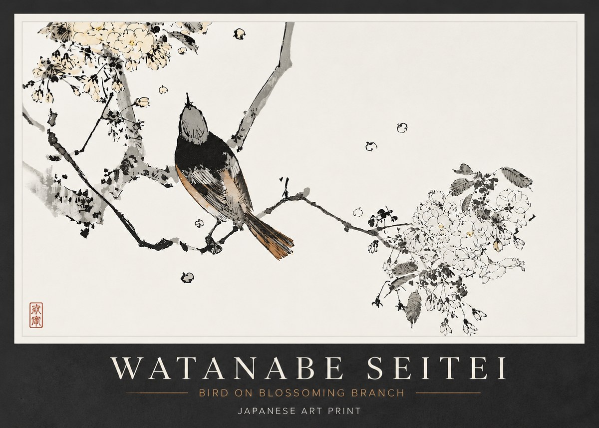 Watanabe Seitei Bird on Blossoming Branch No6 - Juliste