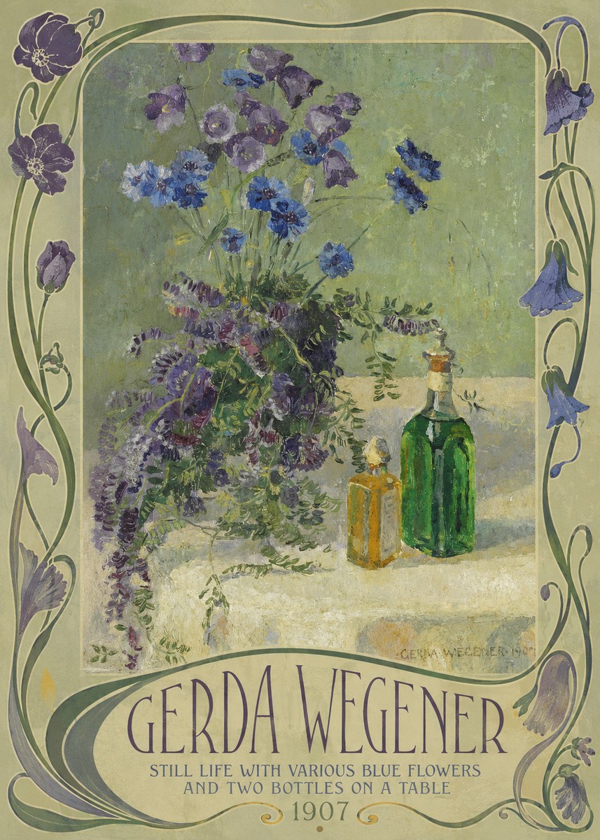 Gerda Wegener Still Life with Various Blue Flowers and Two Bottles on a Table No2 - Juliste