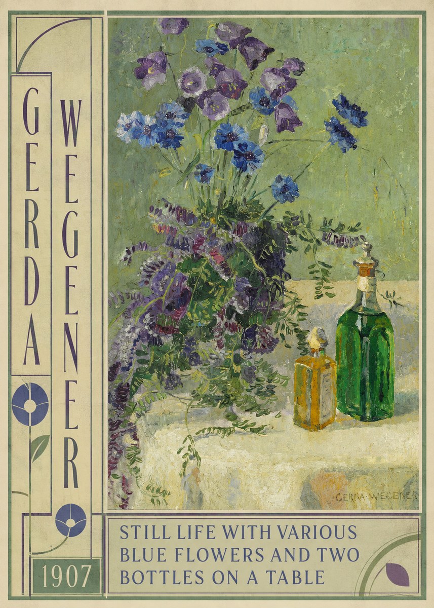 Gerda Wegener Still Life with Various Blue Flowers and Two Bottles on a Table No4 - Juliste