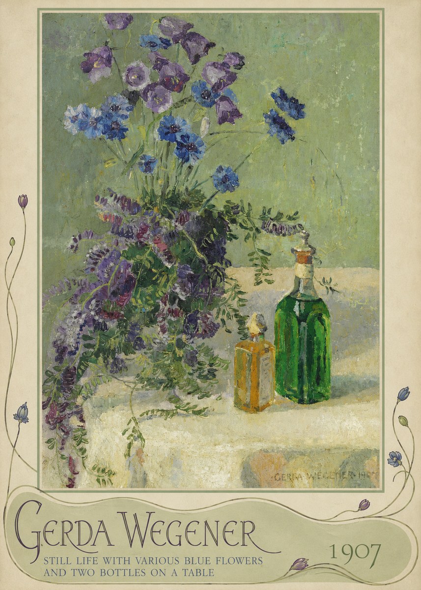 Gerda Wegener Still Life with Various Blue Flowers and Two Bottles on a Table No5 - Juliste