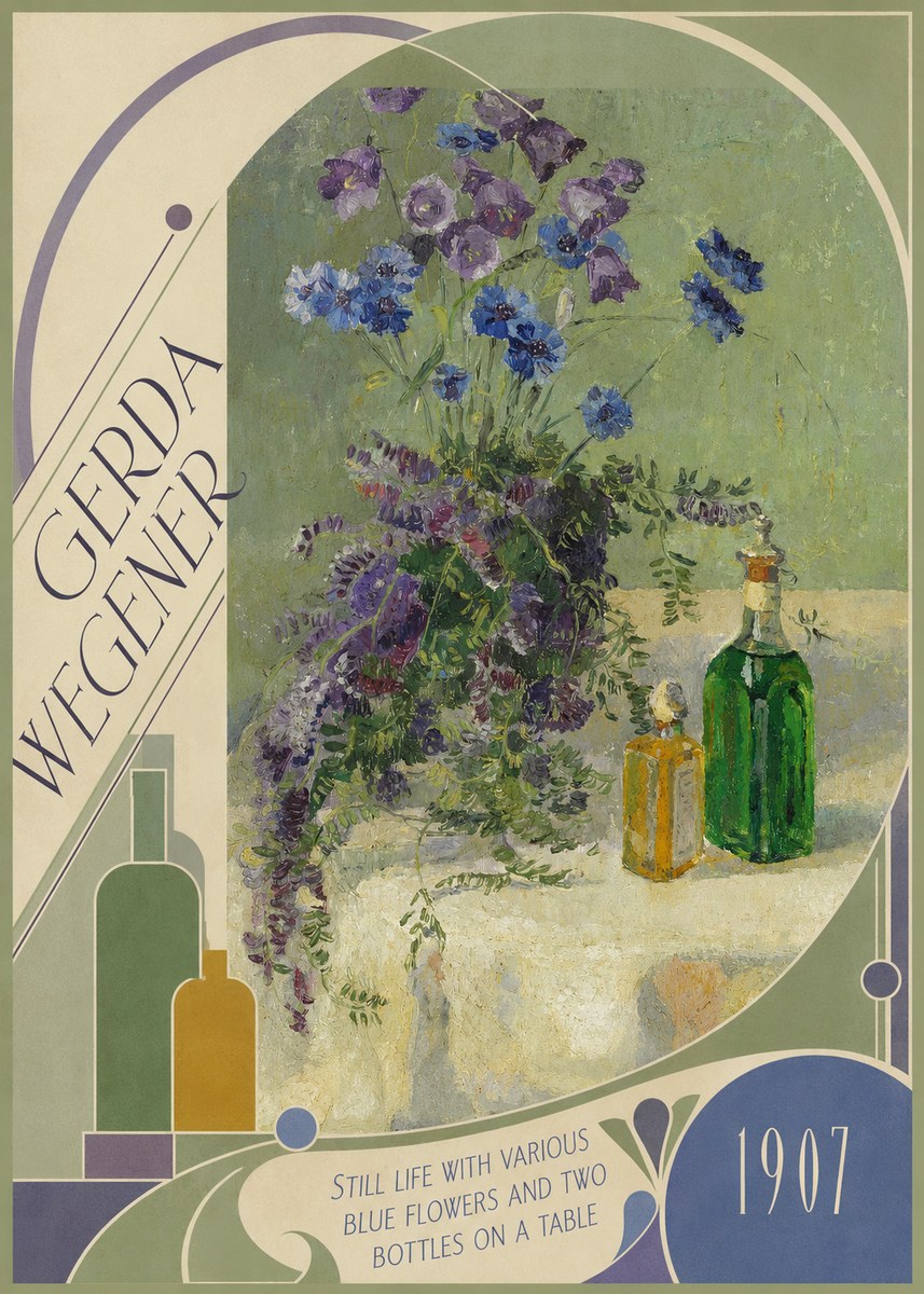 Gerda Wegener Still Life with Various Blue Flowers and Two Bottles on a Table No6 - Juliste