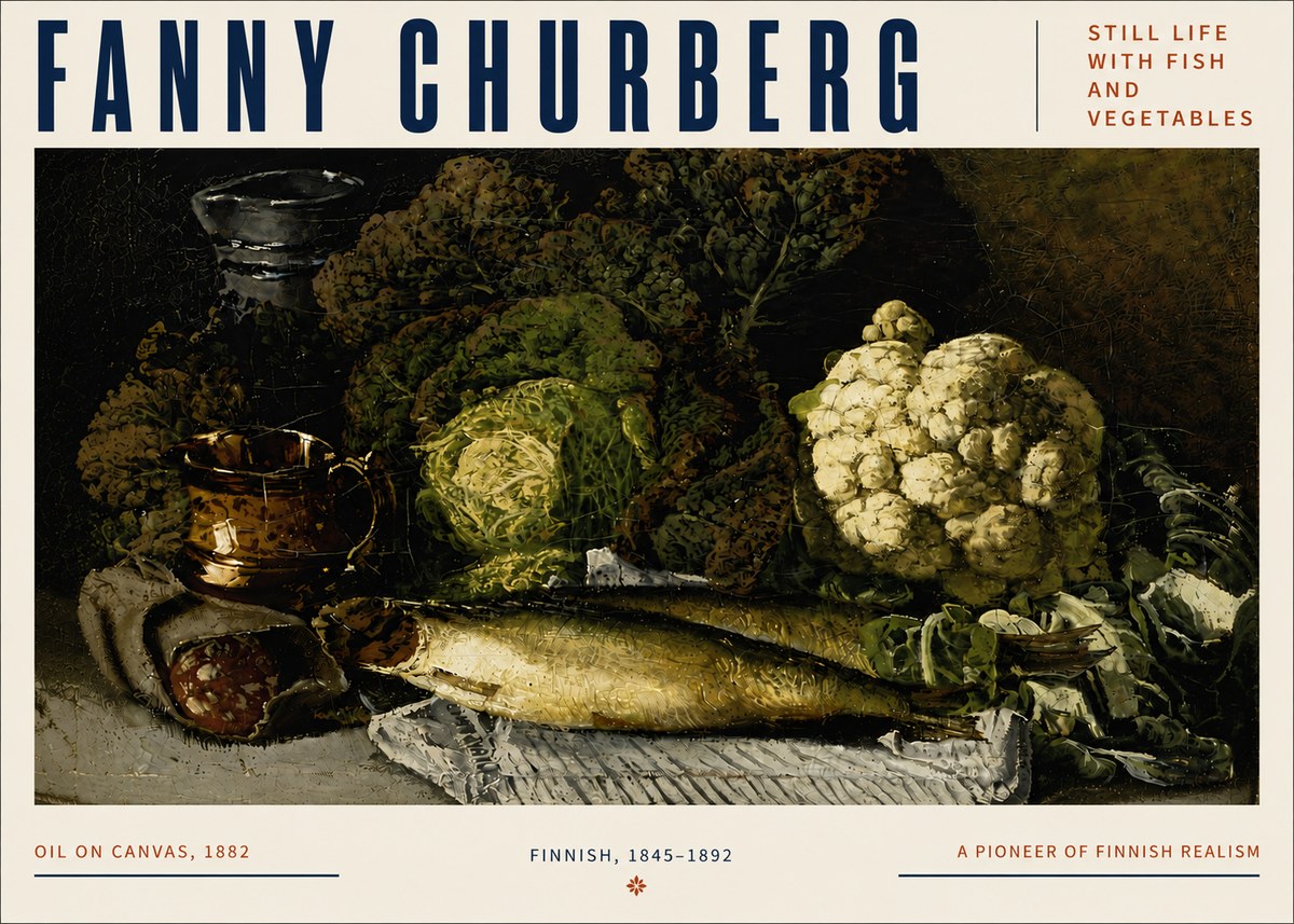 Fanny Churberg Still Life with Fish and Vegetables No5 - Juliste