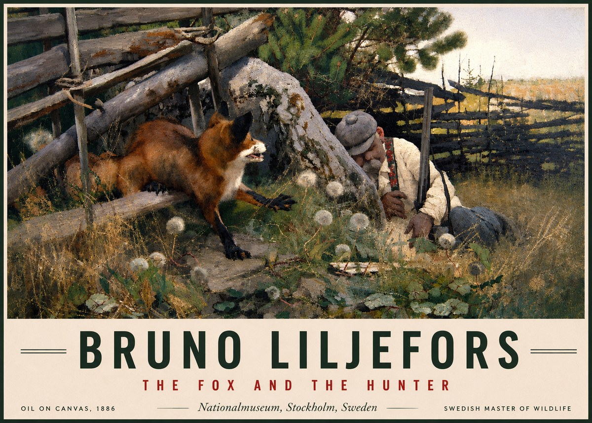Bruno Liljefors The Fox and the Hunter No2 - Juliste