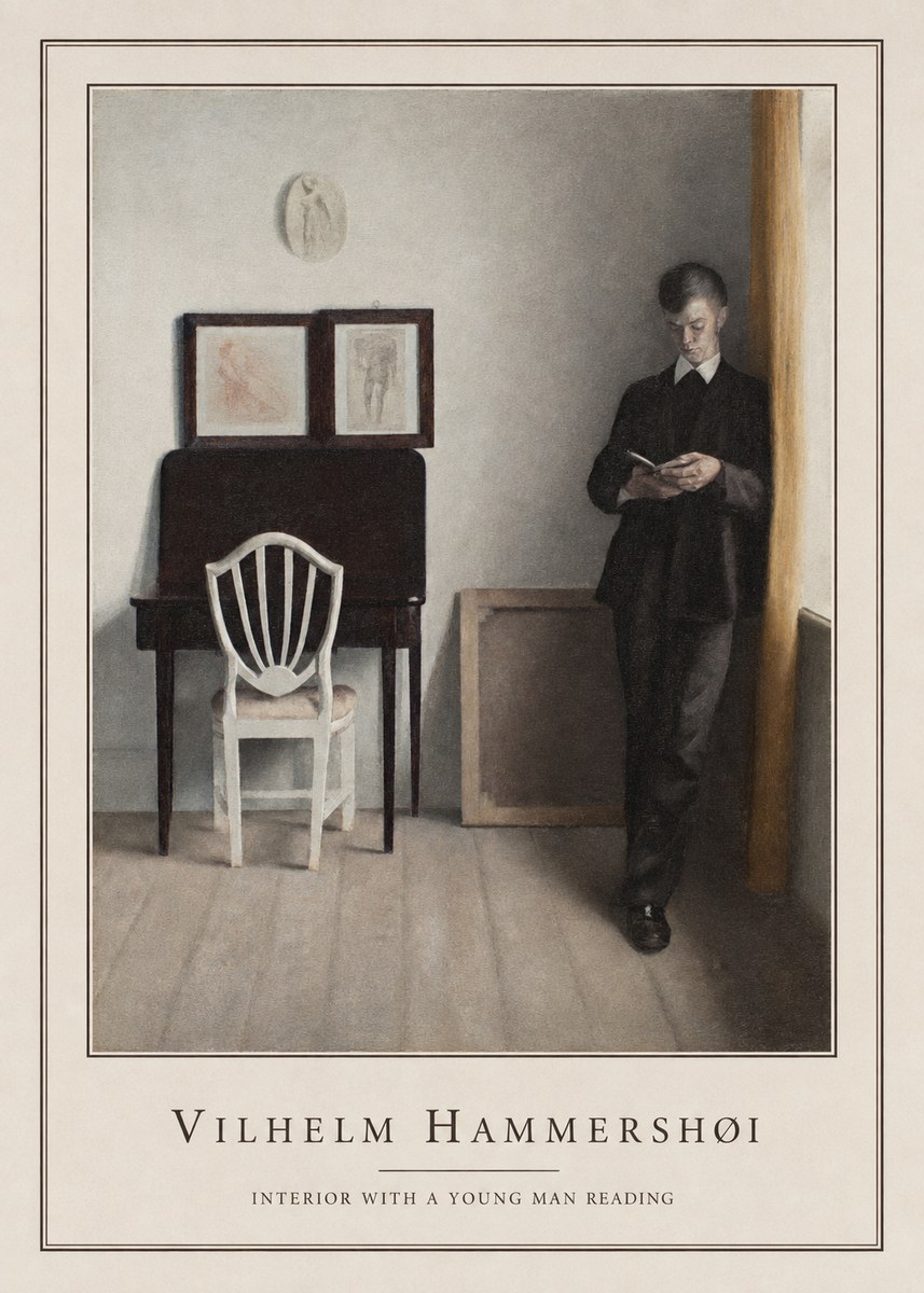 Vilhelm Hammershøi Interior with a Young Man Reading No4 - Juliste
