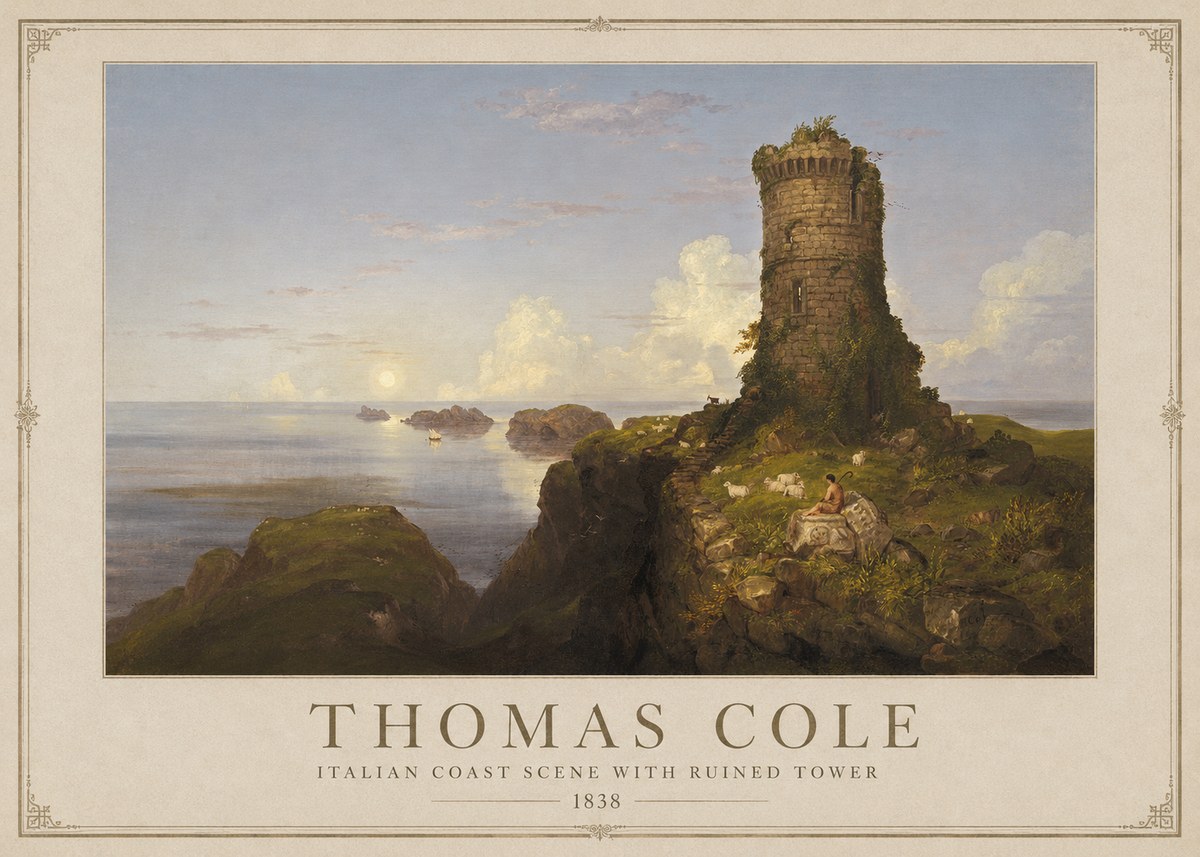 Thomas Cole Italian Coast Scene with Ruined Tower II No1 - Juliste