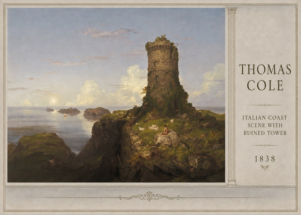 Thomas Cole Italian Coast Scene with Ruined Tower II No4 - Juliste