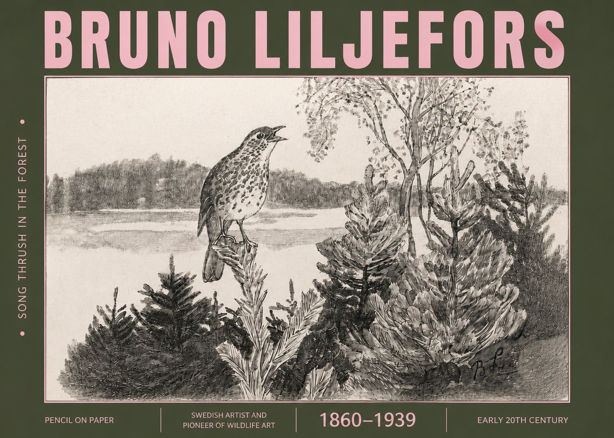 Bruno Liljefors Song Thrush in the Forest No4 - Juliste