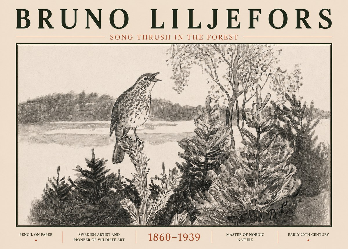 Bruno Liljefors Song Thrush in the Forest No5 - Juliste