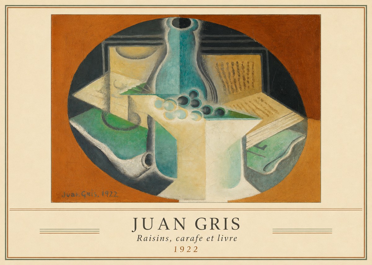 Juan Gris Raisins, Carafe Et Livre No3 - Juliste