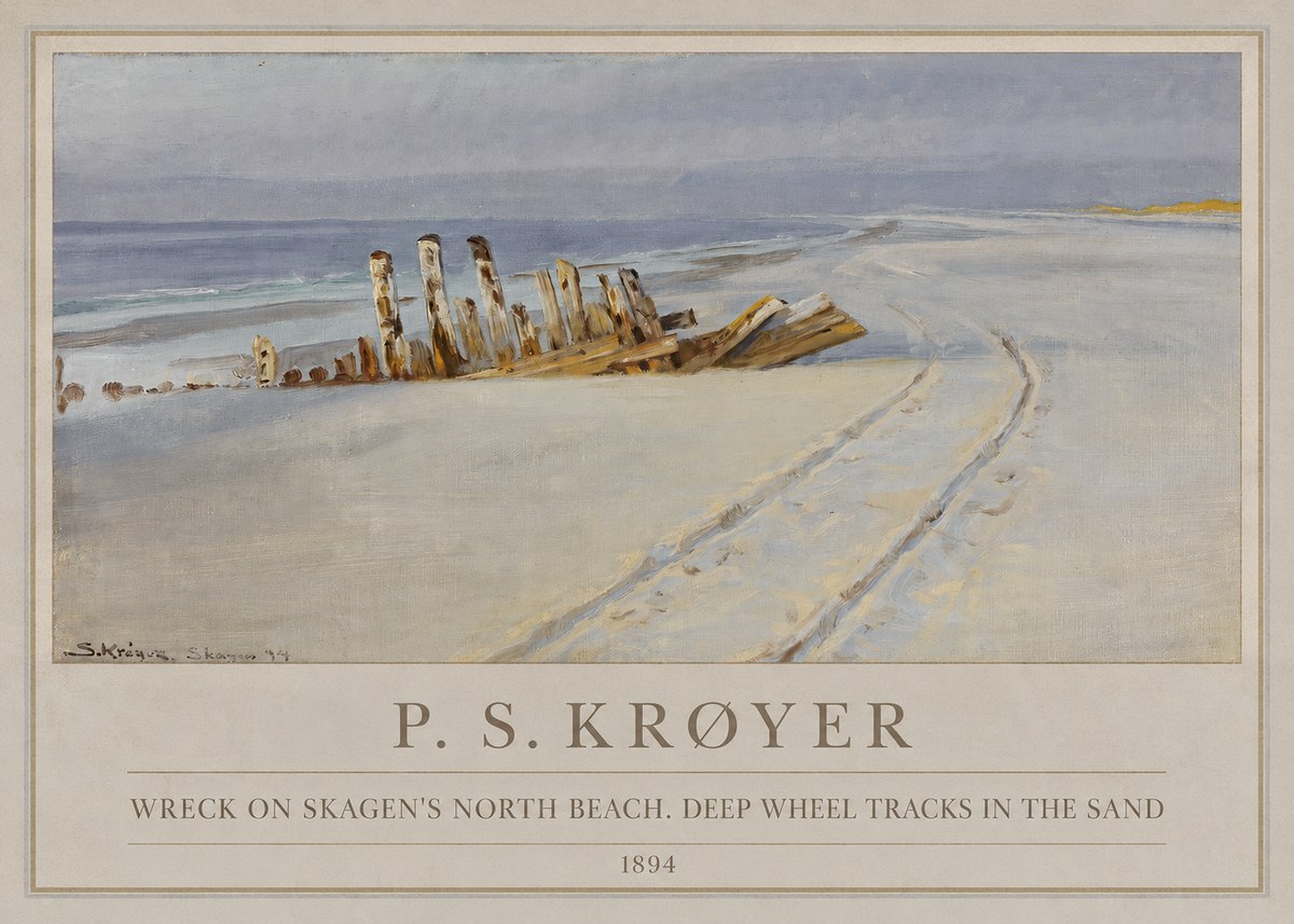P.S. Krøyer Wreck on Skagen's North Beach. Deep Wheel Tracks in the Sand No1 - Juliste