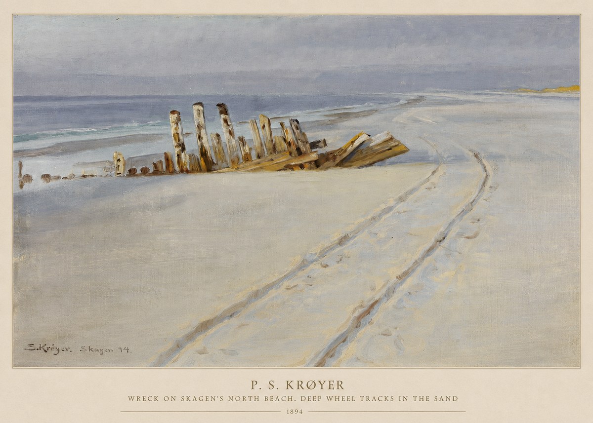 P.S. Krøyer Wreck on Skagen's North Beach. Deep Wheel Tracks in the Sand No5 - Juliste