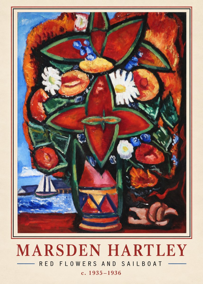 Marsden Hartley Red Flowers and Sailboat No2 - Juliste