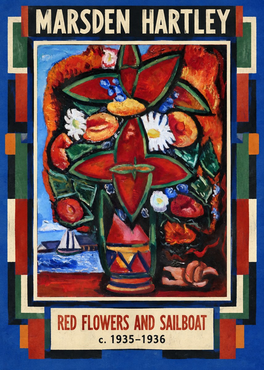 Marsden Hartley Red Flowers and Sailboat No4 - Juliste