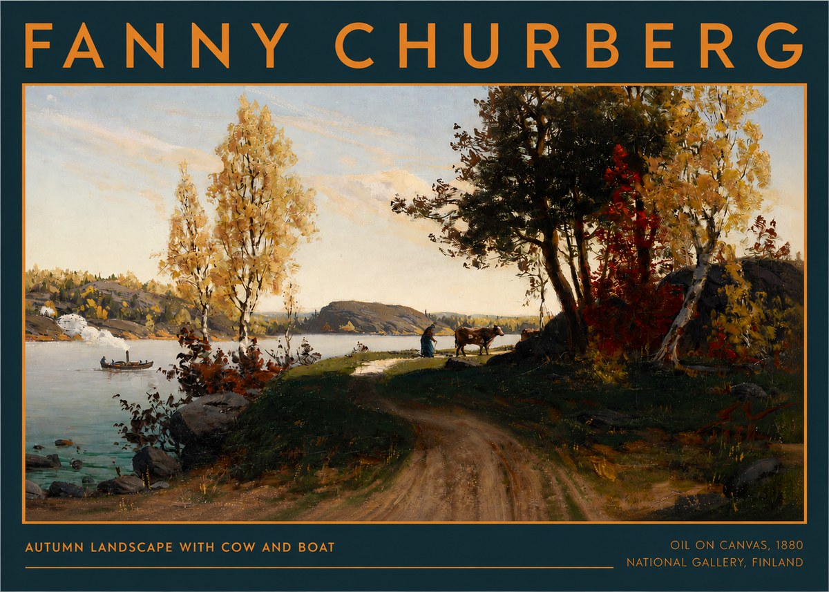 Fanny Churberg Autumn Landscape with Cow and Boat No2 - Juliste