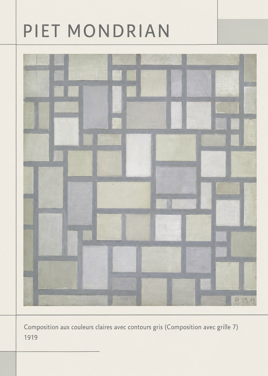 Piet Mondrian Composition Aux Couleurs Claires Avec Contours Gris (Composition Avec Grille 7) No1 - Juliste