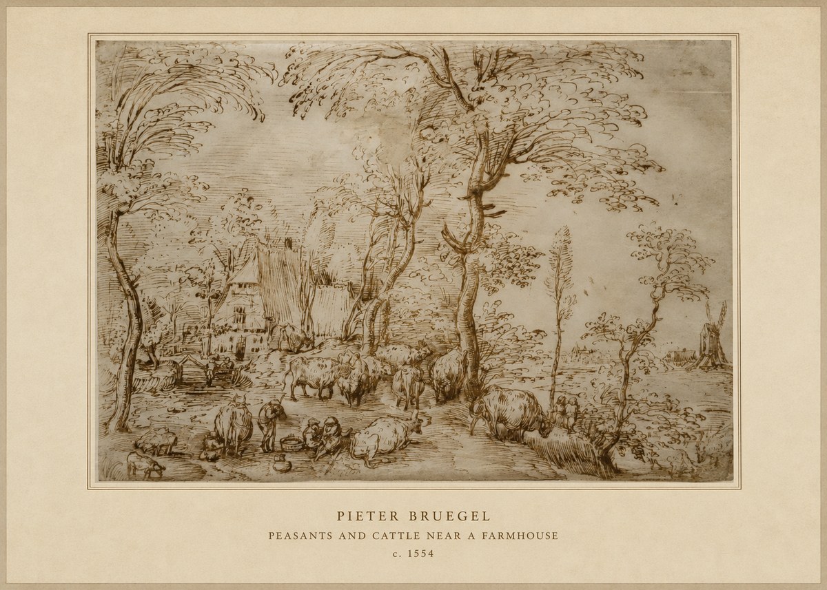 Pieter Bruegel Peasants and Cattle Near a Farmhouse No4 - Juliste
