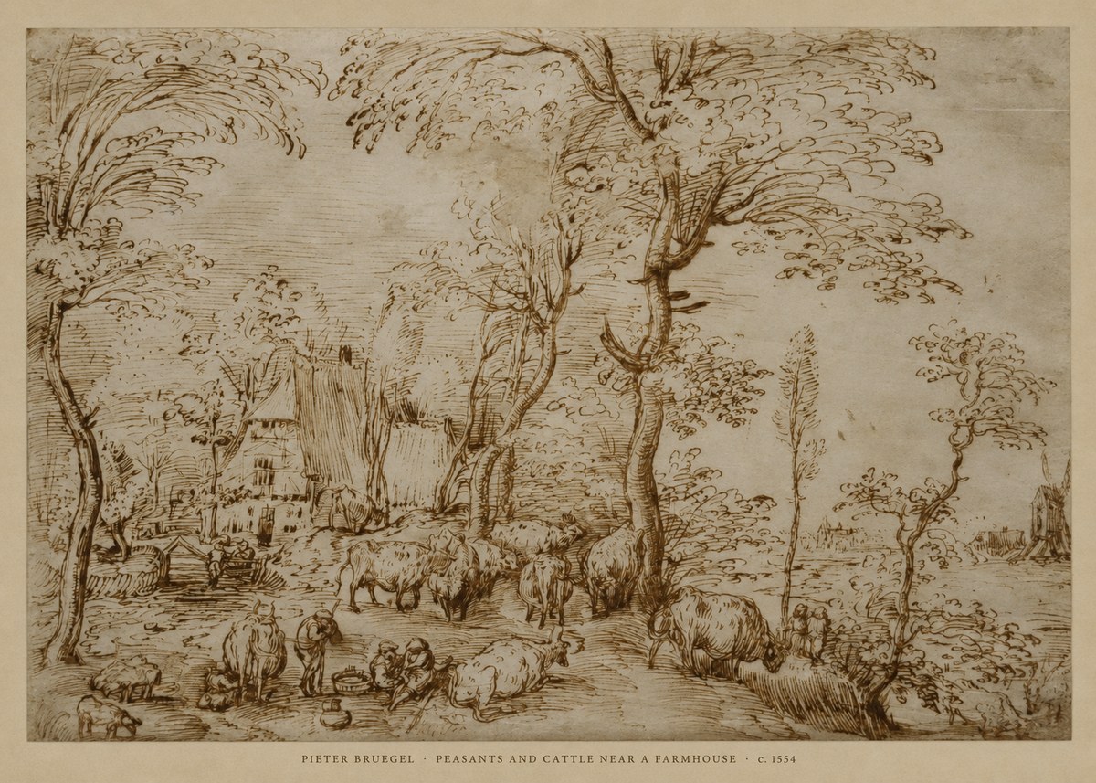 Pieter Bruegel Peasants and Cattle Near a Farmhouse No6 - Juliste