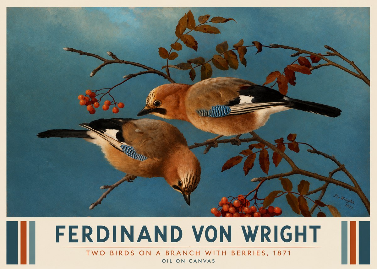 Ferdinand von Wright Two Birds on a Branch with Berries, 1871 No3 - Juliste