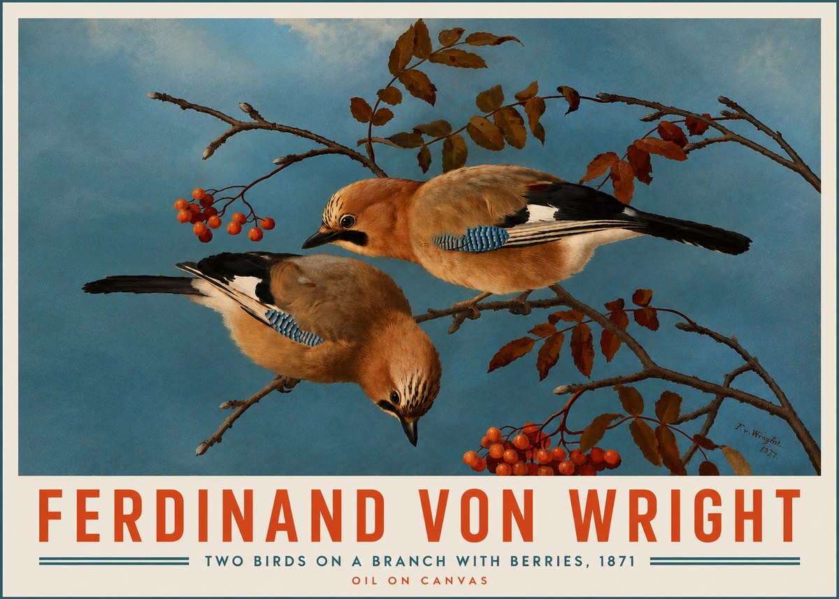 Ferdinand von Wright Two Birds on a Branch with Berries, 1871 No5 - Juliste