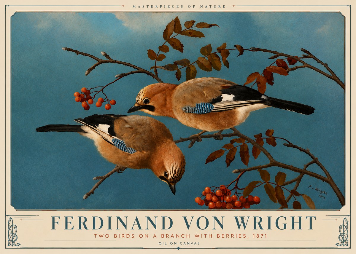 Ferdinand von Wright Two Birds on a Branch with Berries, 1871 No6 - Juliste