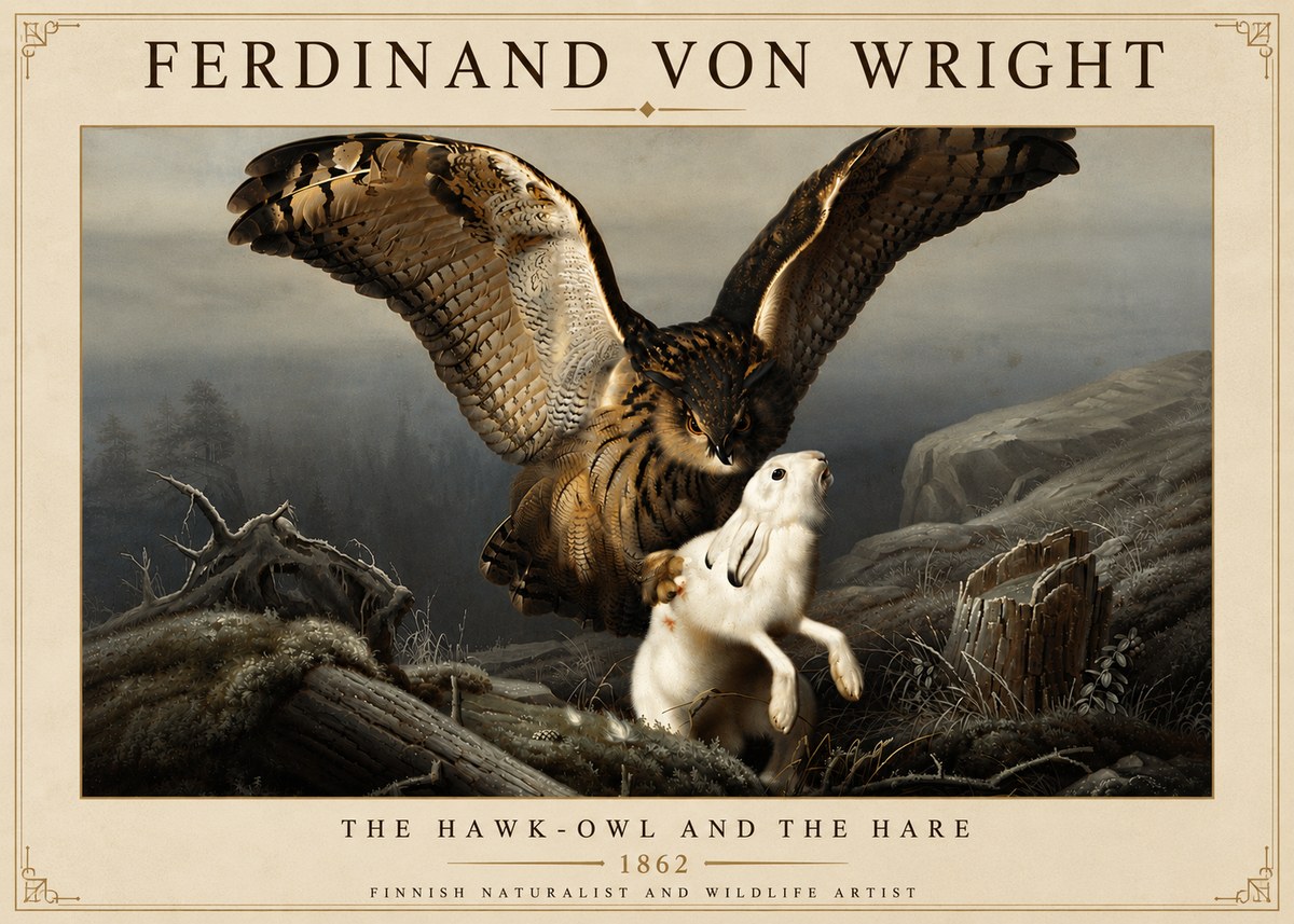 Ferdinand von Wright The Hawk-owl and the Hare No6 - Juliste