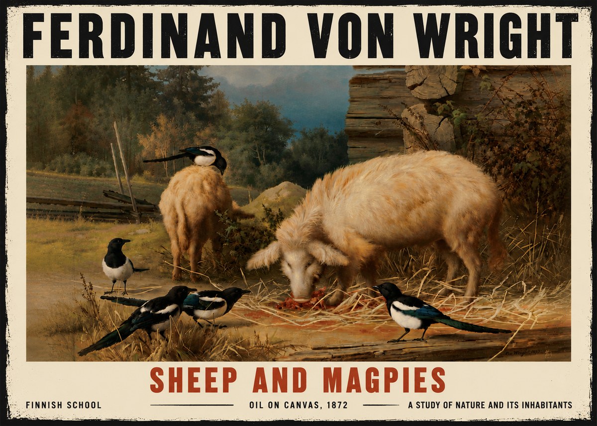 Ferdinand von Wright Sheep and Magpies No6 - Juliste