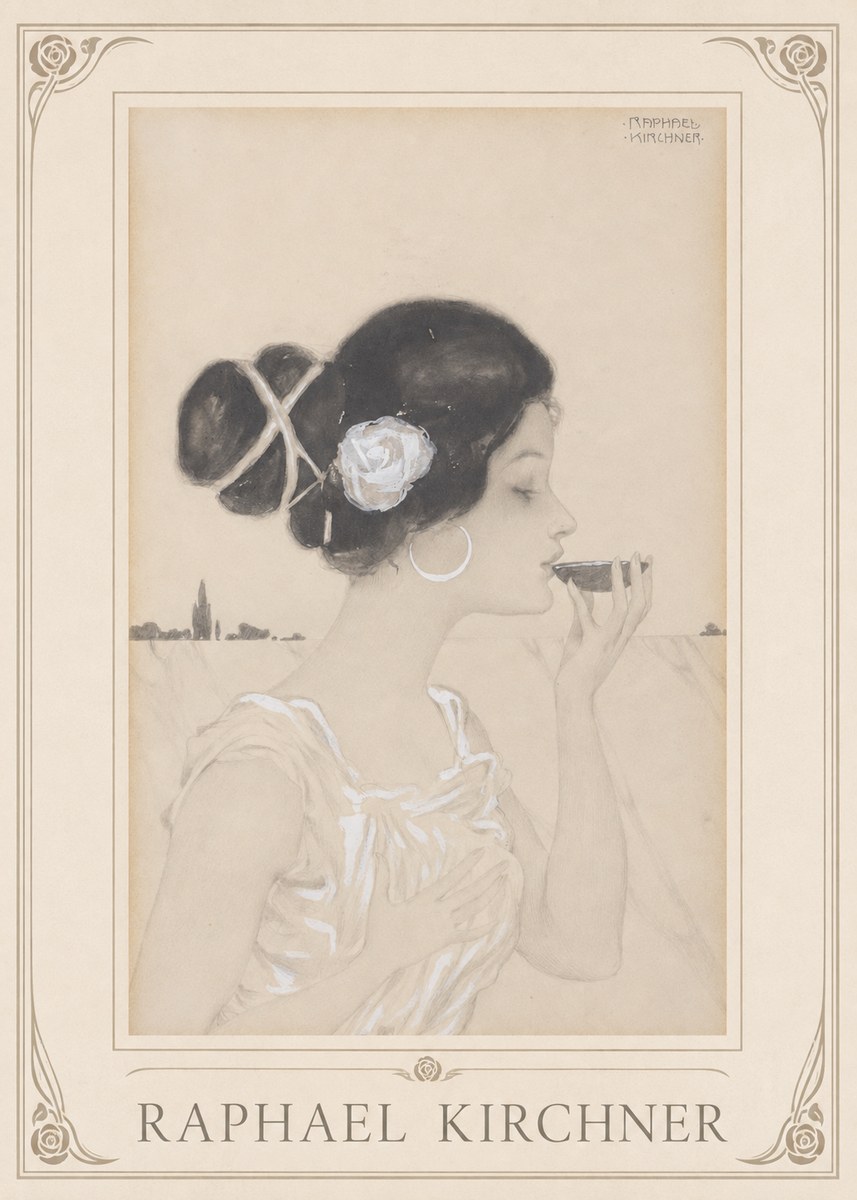 Raphael Kirchner Elegant Lady with Rose and Cup No1 - Juliste