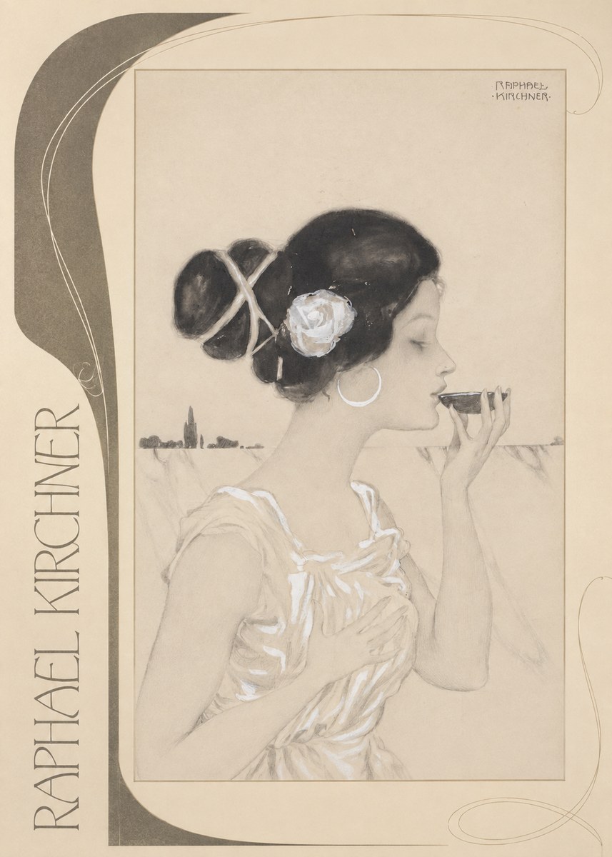 Raphael Kirchner Elegant Lady with Rose and Cup No2 - Juliste