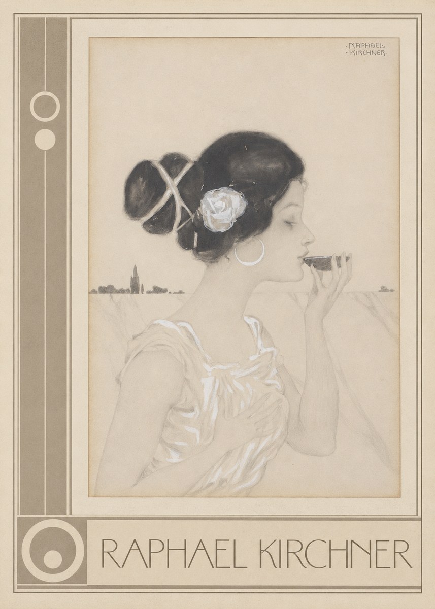 Raphael Kirchner Elegant Lady with Rose and Cup No3 - Juliste
